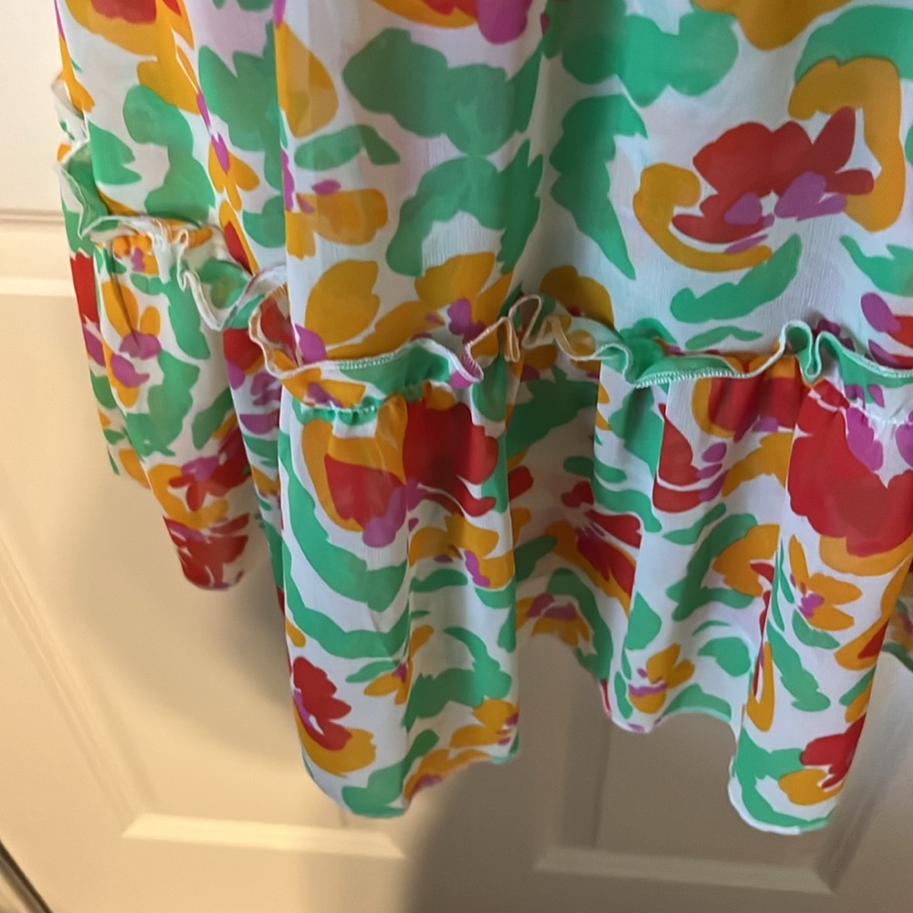 Cabi Cinched smocked waist Dress Ruffle at bottom, sleeves & neck Size XS - Picture 5 of 9
